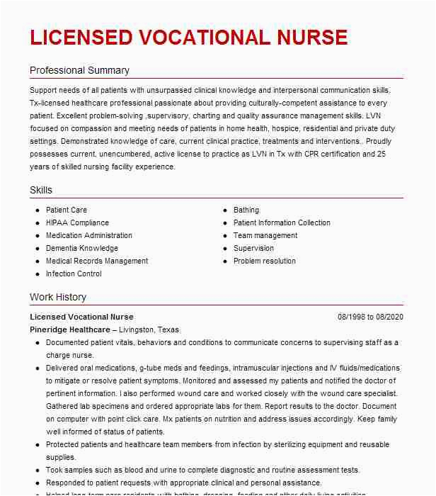 Sample Resume for Licensed Vocational Nurse Licensed Vocational Nurse Resume Example Dependable