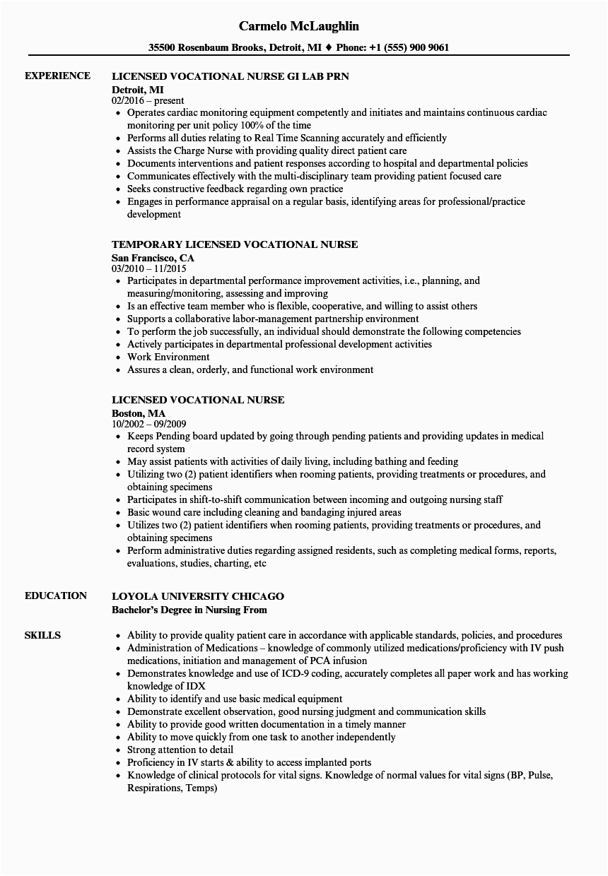 Sample Resume for Licensed Vocational Nurse Licensed Vocational Nurse Resume Samples