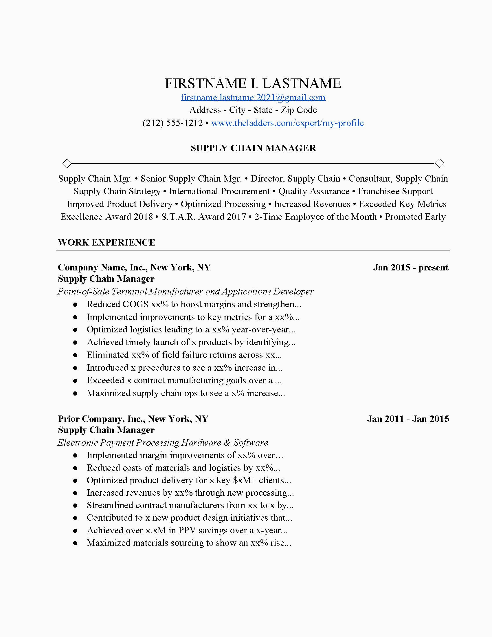 Sample Resume for Logistics and Supply Chain Management Supply Chain Manager Resume Example