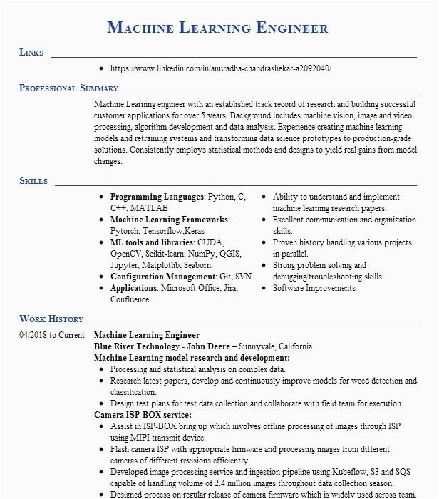 Sample Resume for Machine Learning Engineer Lead software Engineer In Machine Learning Resume Example