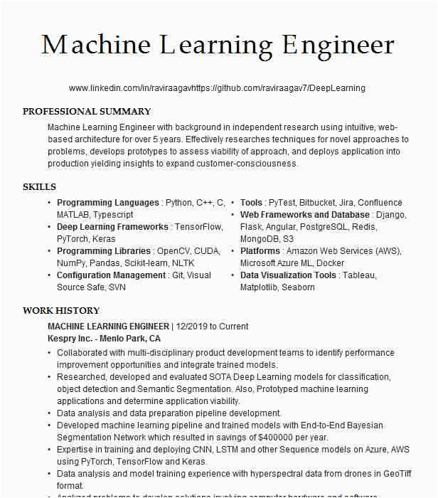 Sample Resume for Machine Learning Engineer Machine Learning Engineer Resume Example Pany Name