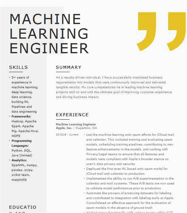 Sample Resume for Machine Learning Engineer Machine Learning Engineer Resume Example Platerate New