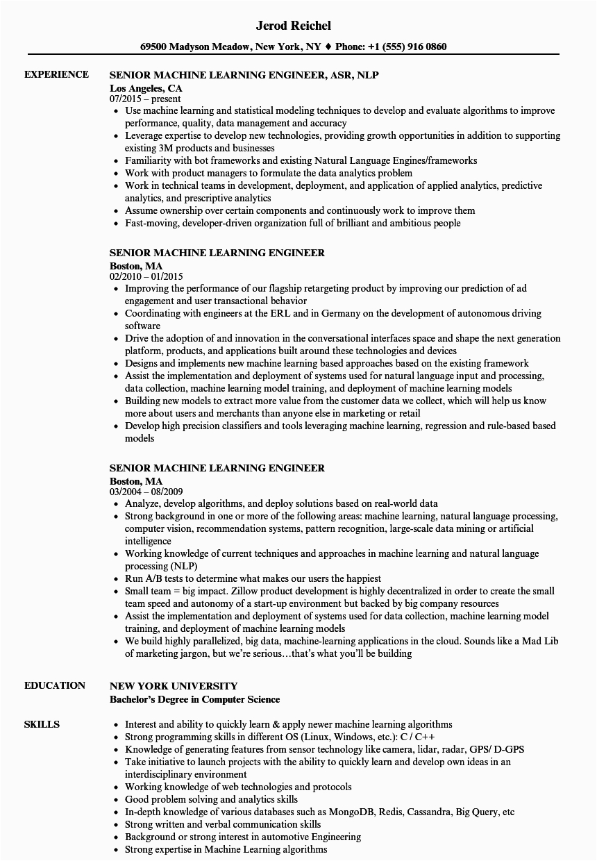 Sample Resume for Machine Learning Engineer Senior Machine Learning Engineer Resume Samples