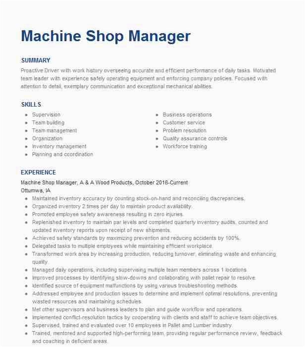 Sample Resume for Machine Shop Manager Machine Shop Manager Resume Example Production Robotics