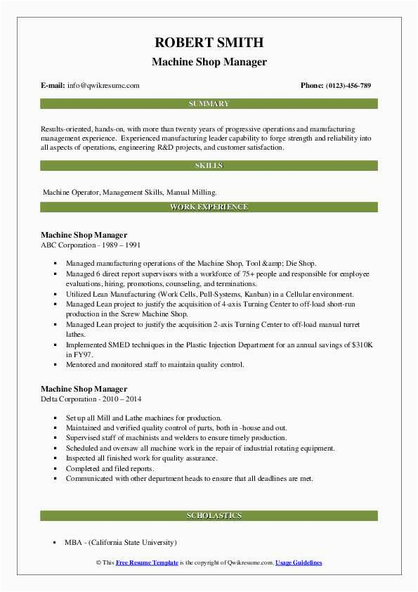 Sample Resume for Machine Shop Manager Machine Shop Manager Resume Samples