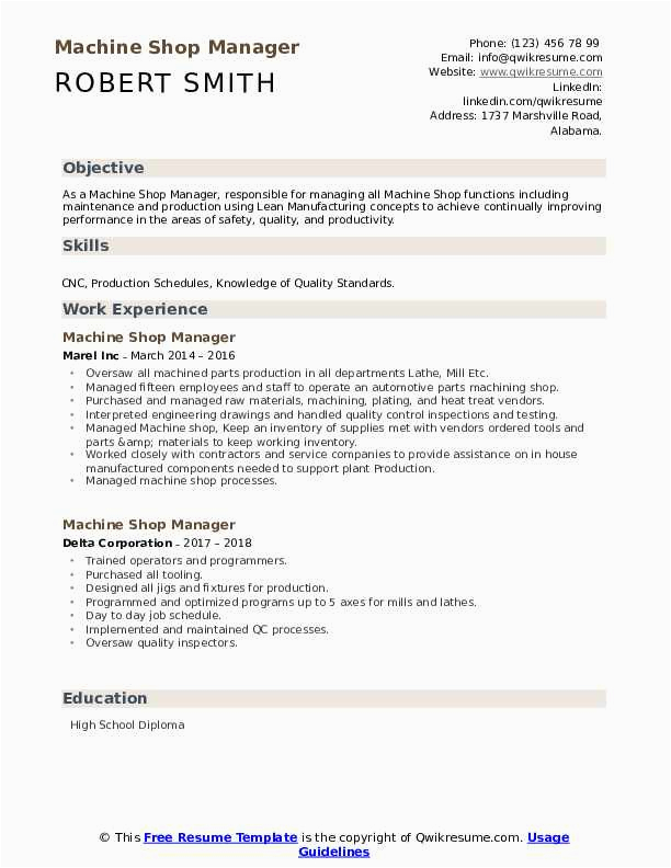 Sample Resume for Machine Shop Manager Machine Shop Manager Resume Samples