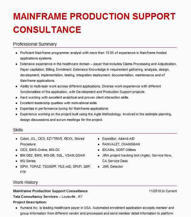 Sample Resume for Mainframe Production Support Mainframe Support Analyst Resume Example Pany Name