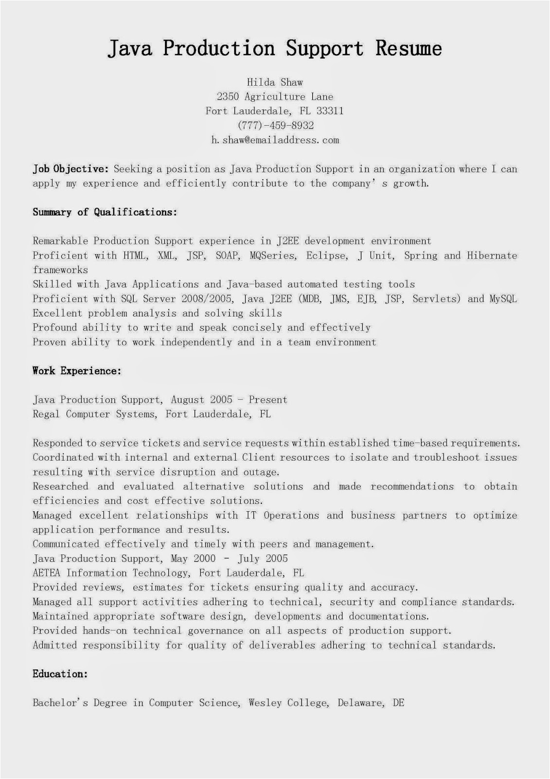 Sample Resume for Mainframe Production Support Resume Samples Java Production Support Resume Sample