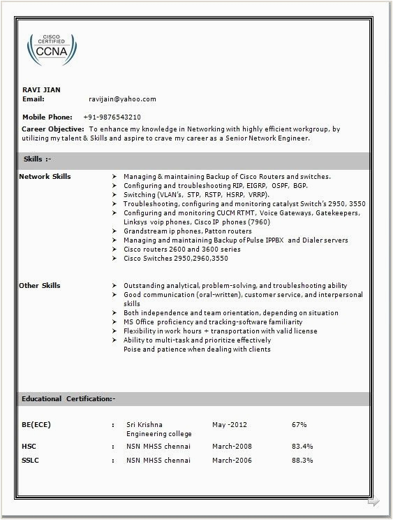 Sample Resume for Network Engineer Fresher Entry Level Network Engineer Resume Pdf Best Resume Examples