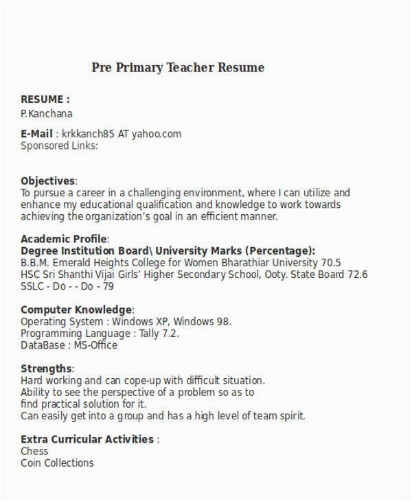 Sample Resume for Pre Primary School Teacher 25 Teacher Resume Templates In Word