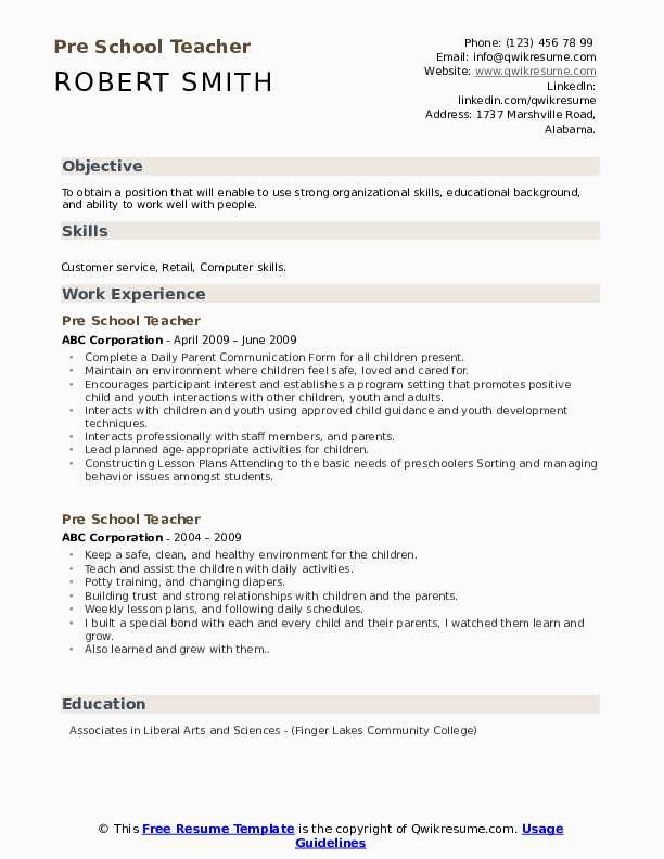Sample Resume for Pre Primary School Teacher Pre School Teacher Resume Samples