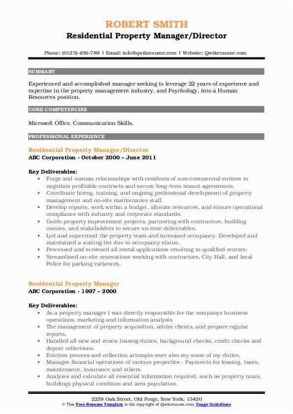 Sample Resume for Residential Property Manager Residential Property Manager Resume Samples