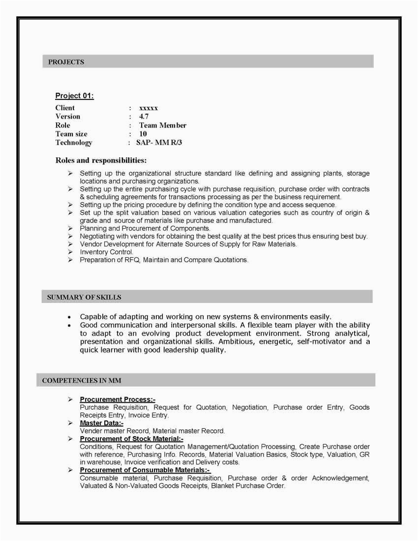 Sample Resume for Sap Mm Functional Consultant Sap Mm Materials Management Sample Resume 10 00 Years