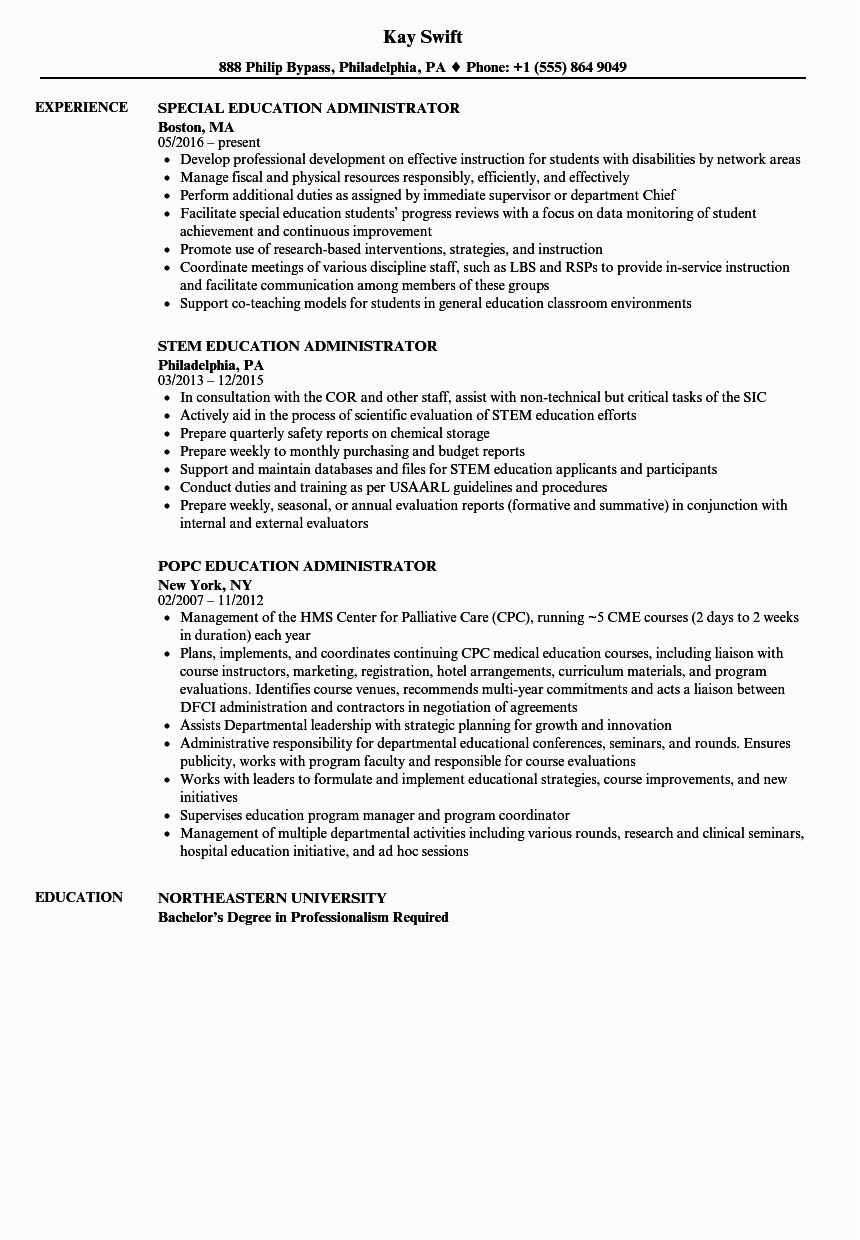 Sample Resume for School Administrator Position Education Administrator Resume Samples