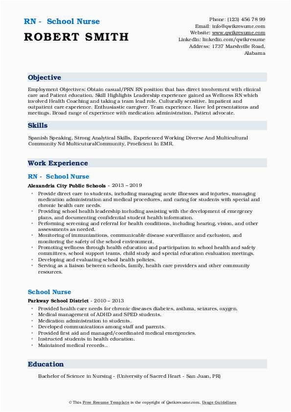 Sample Resume for School Nurse Position Nursing School Resume Template