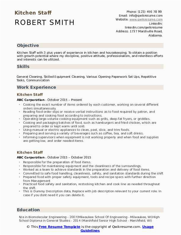 Sample Resume Objective for Kitchen Staff Kitchen Staff Resume Samples