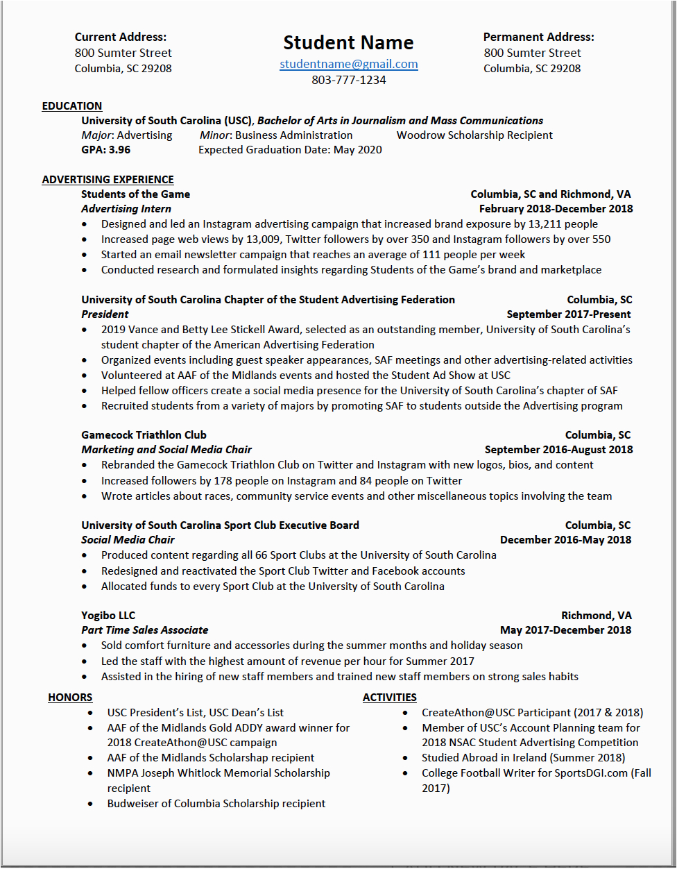 University Of south Carolina Resume Template Resumes My Cic