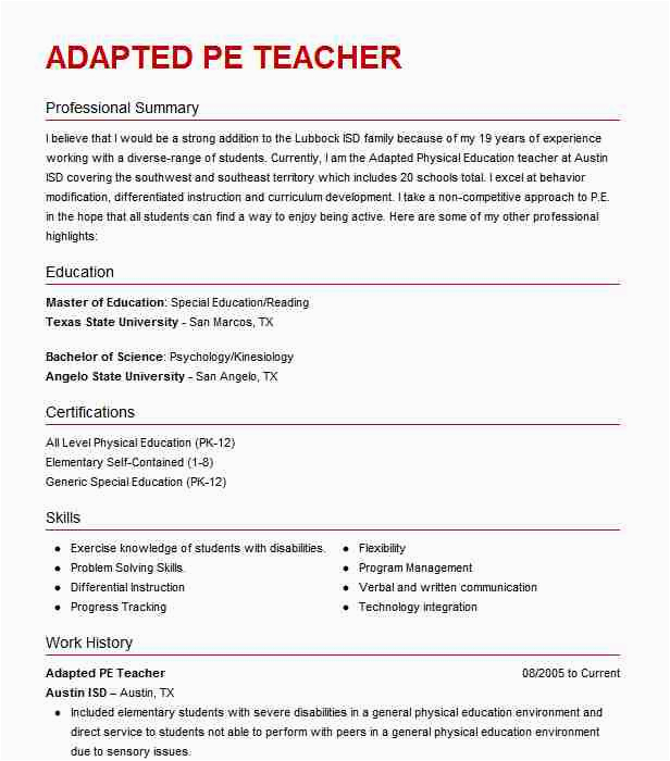 University Of Texas Austin Resume Template Adapted Pe Teacher Resume Example Austin isd Austin Texas
