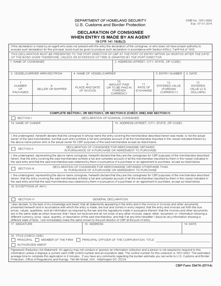 Us Customs and Border Protection Resume Samples Cbp form 3347a Declaration Of Consignee when Entry is