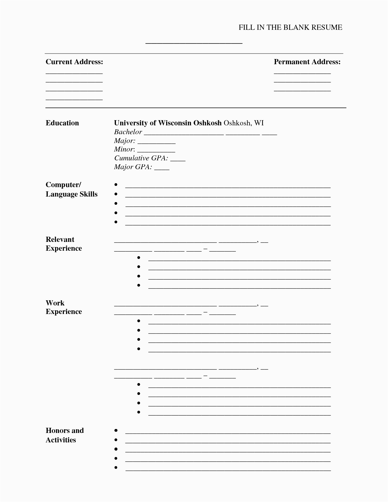 Blank Resume Templates for Free to Fill In Fill In the Blank Resume Pdf Umecareer
