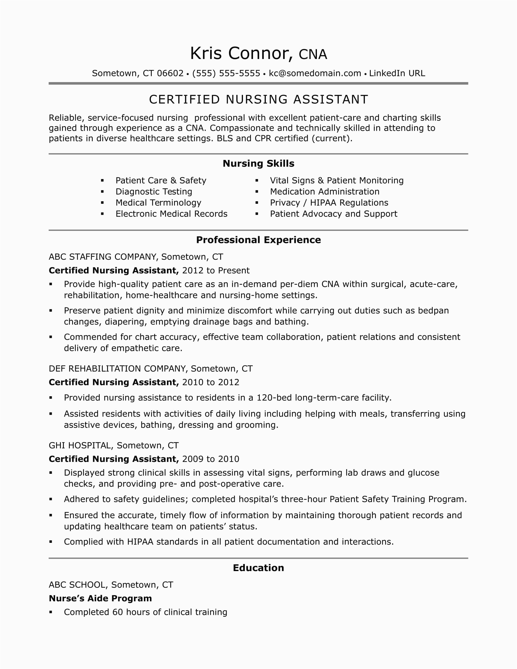 Cna Certified Nursing assistant Resume Sample Cna Resume Examples Skills for Cnas