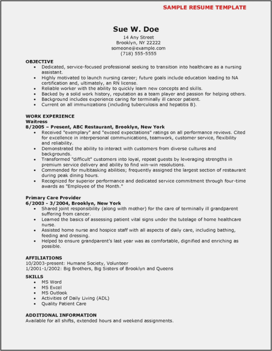 Cna Resume Sample with No Work Experience Cna Resume Template No Experience