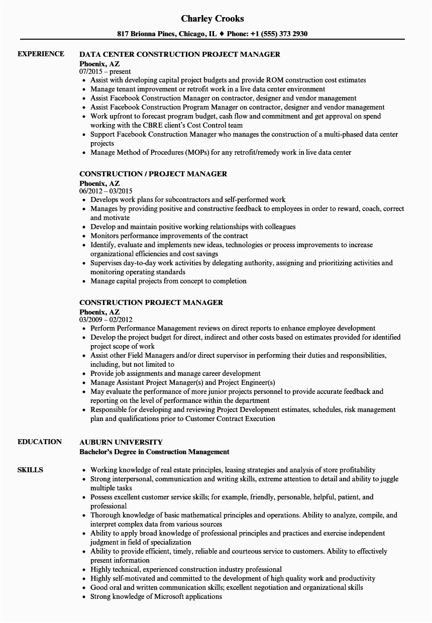 Construction Management Resume Examples and Samples Construction Manager Resume