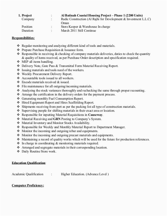 Construction Store Keeper Resume Sample Word Cv for Store Keeper