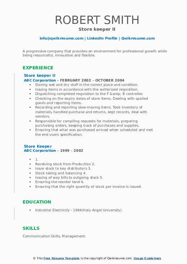 Construction Store Keeper Resume Sample Word Store Keeper Resume Samples