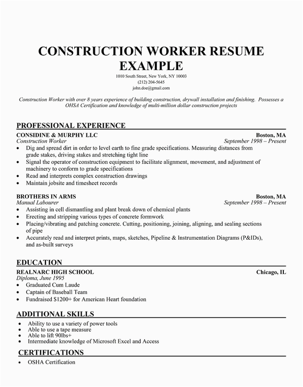 Construction Worker Resume Examples and Samples Construction Labor Resume Sample