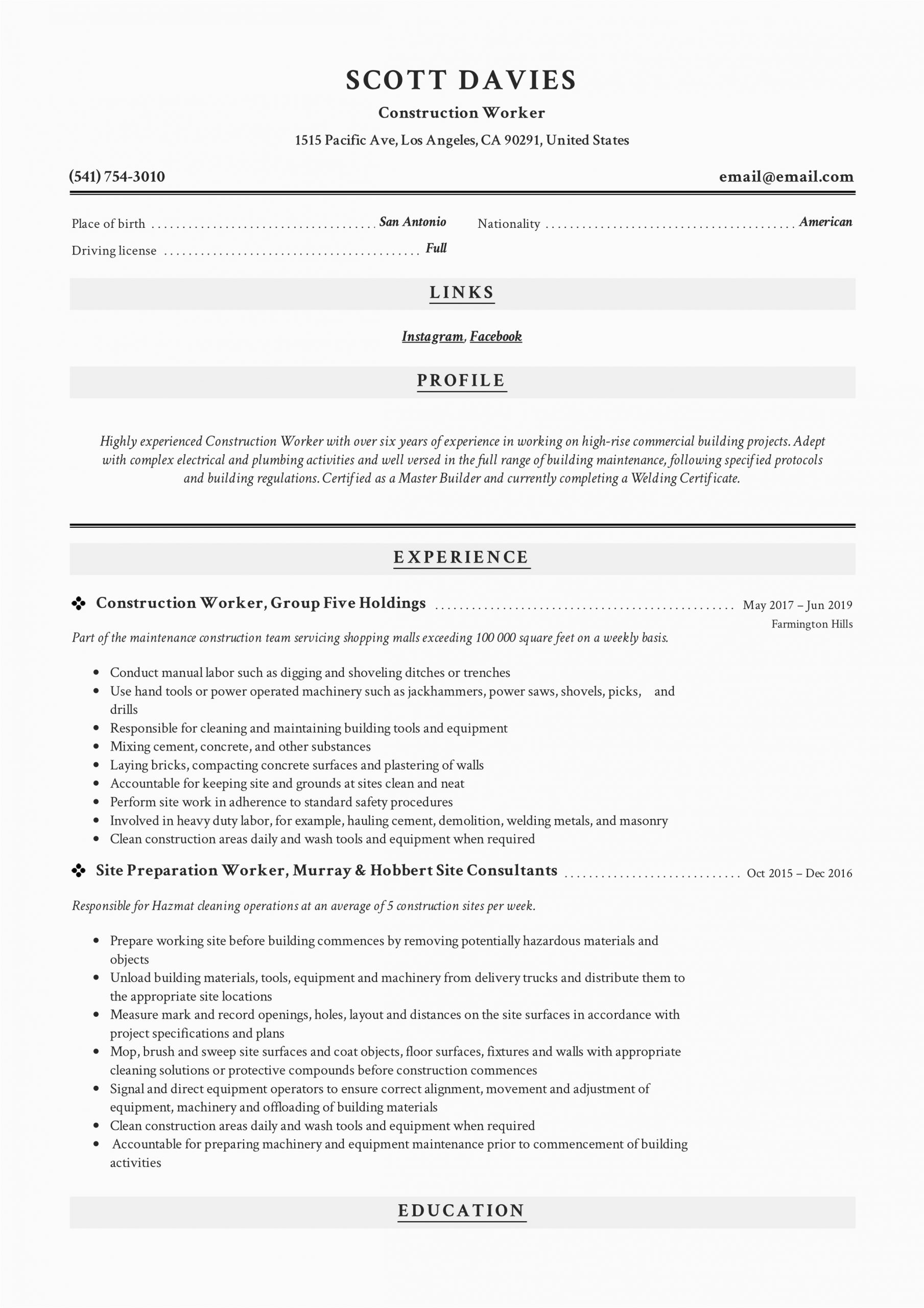 Construction Worker Resume Examples and Samples Construction Worker Resume & Writing Guide