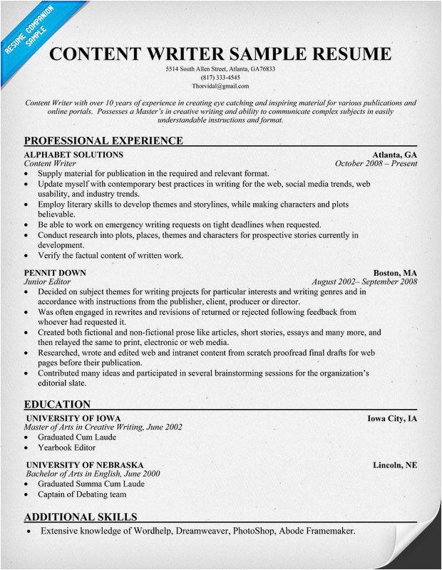 Content Writing Resume Sample for Freshers Content Writer Resume Resume Panion