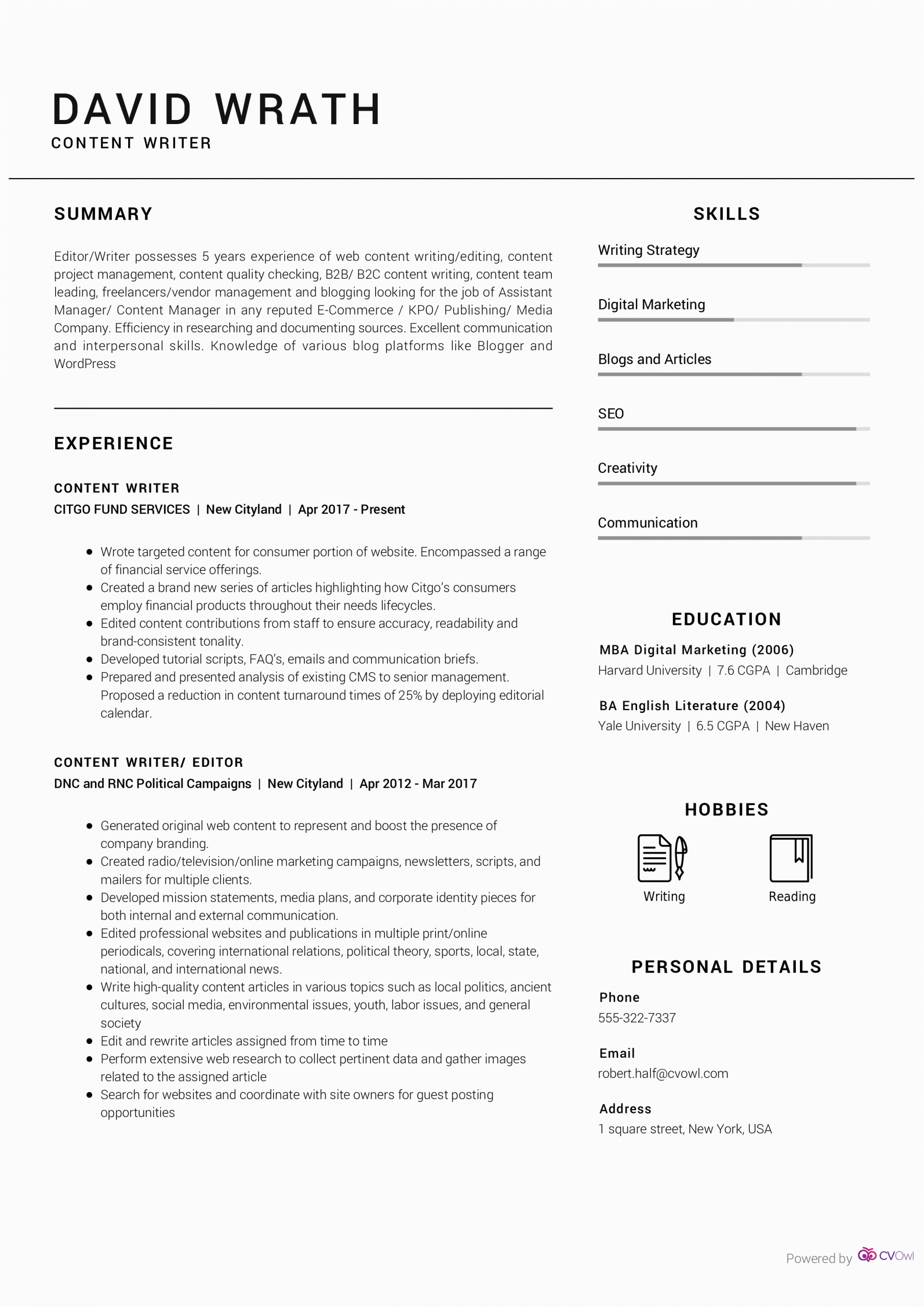 Content Writing Resume Sample for Freshers Content Writer Resume Sample