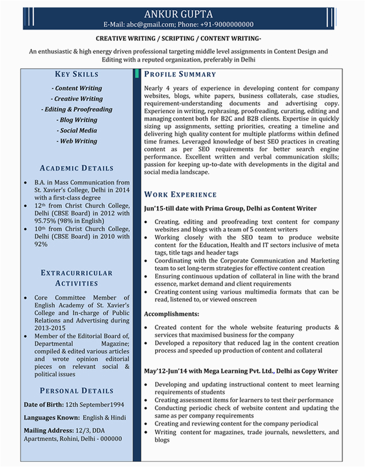Content Writing Resume Sample for Freshers Content Writer Resume Samples