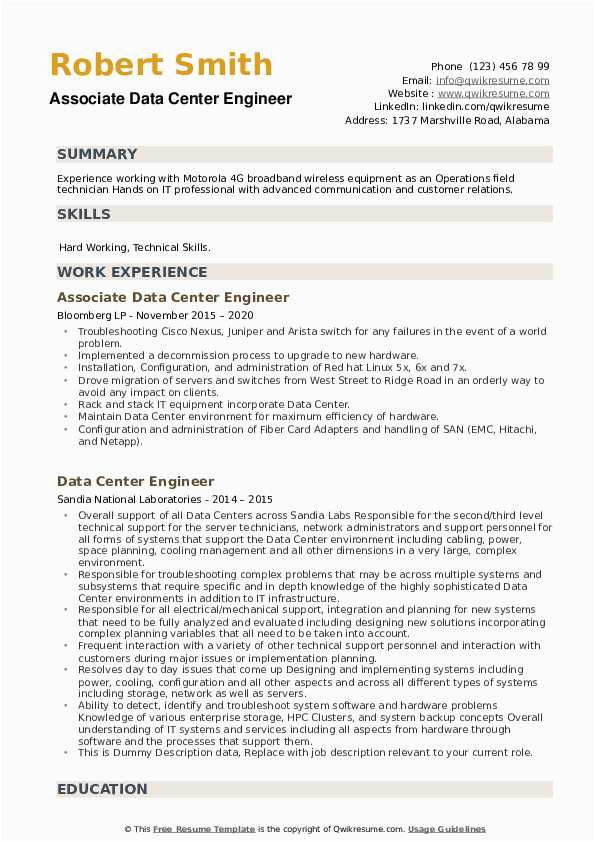 Data Center Facilities Engineer Resume Sample Data Center Engineer Resume Samples