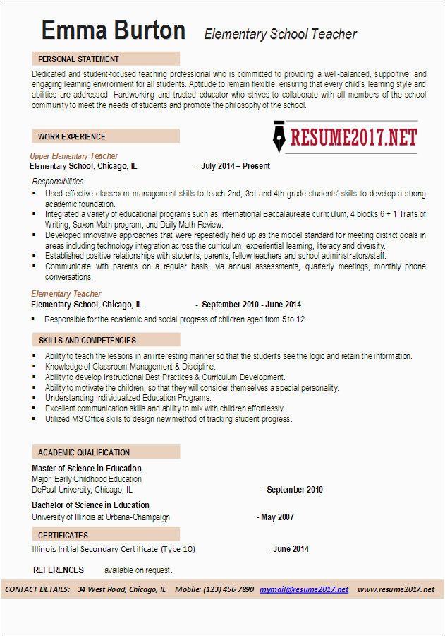 Free Resume Template for Elementary School Teacher Elementary School Teacher Resume Examples 2017
