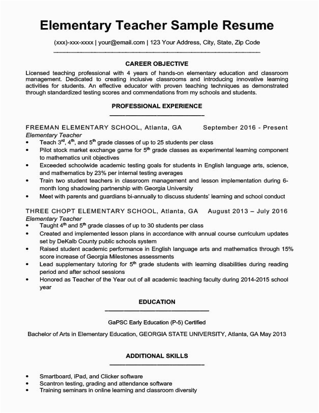 Free Resume Template for Elementary School Teacher Elementary Teacher Resume Sample & Writing Tips
