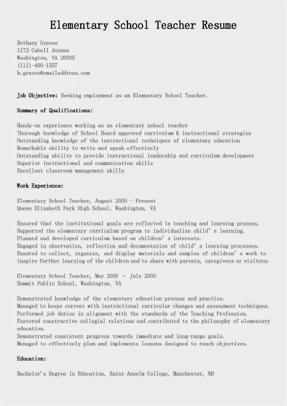 Free Resume Template for Elementary School Teacher Resume Samples Elementary School Teacher Resume Sample
