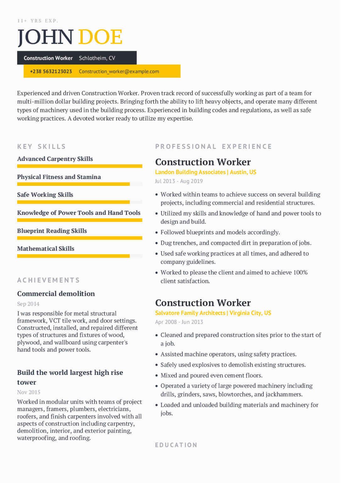 Free Resume Templates for Construction Workers 20 Construction Worker Resume Sample Free Resume