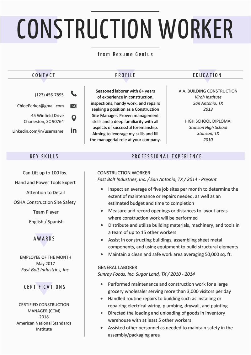 Free Resume Templates for Construction Workers Construction Worker Resume Example & Writing Guide