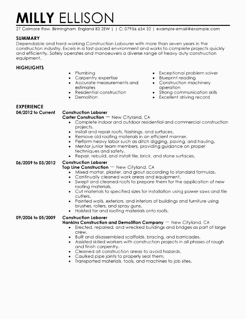 Free Resume Templates for Construction Workers Construction Worker Resume Template