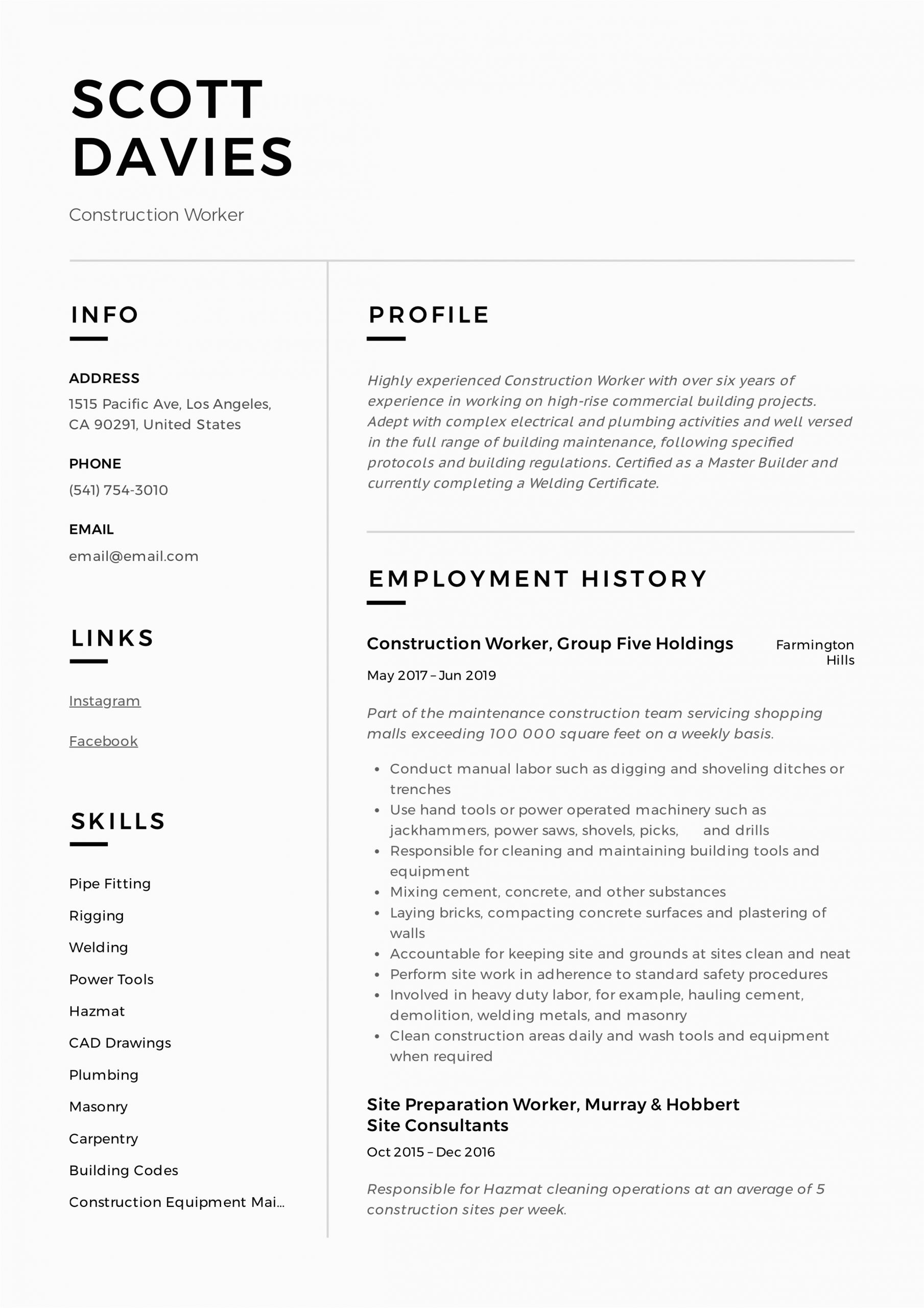 Free Resume Templates for Construction Workers Construction Worker Resume & Writing Guide