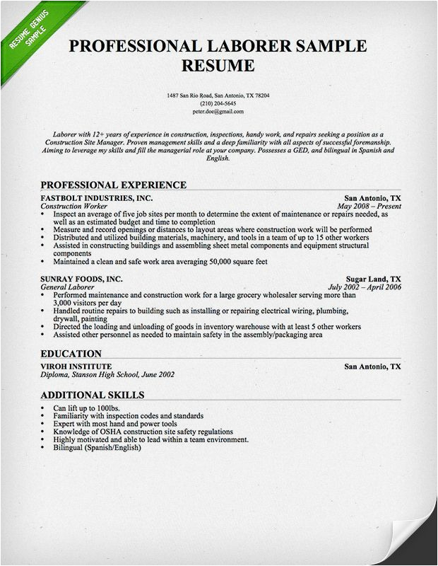 Free Resume Templates for Construction Workers Professional Laborer Construction Worker Resume Template