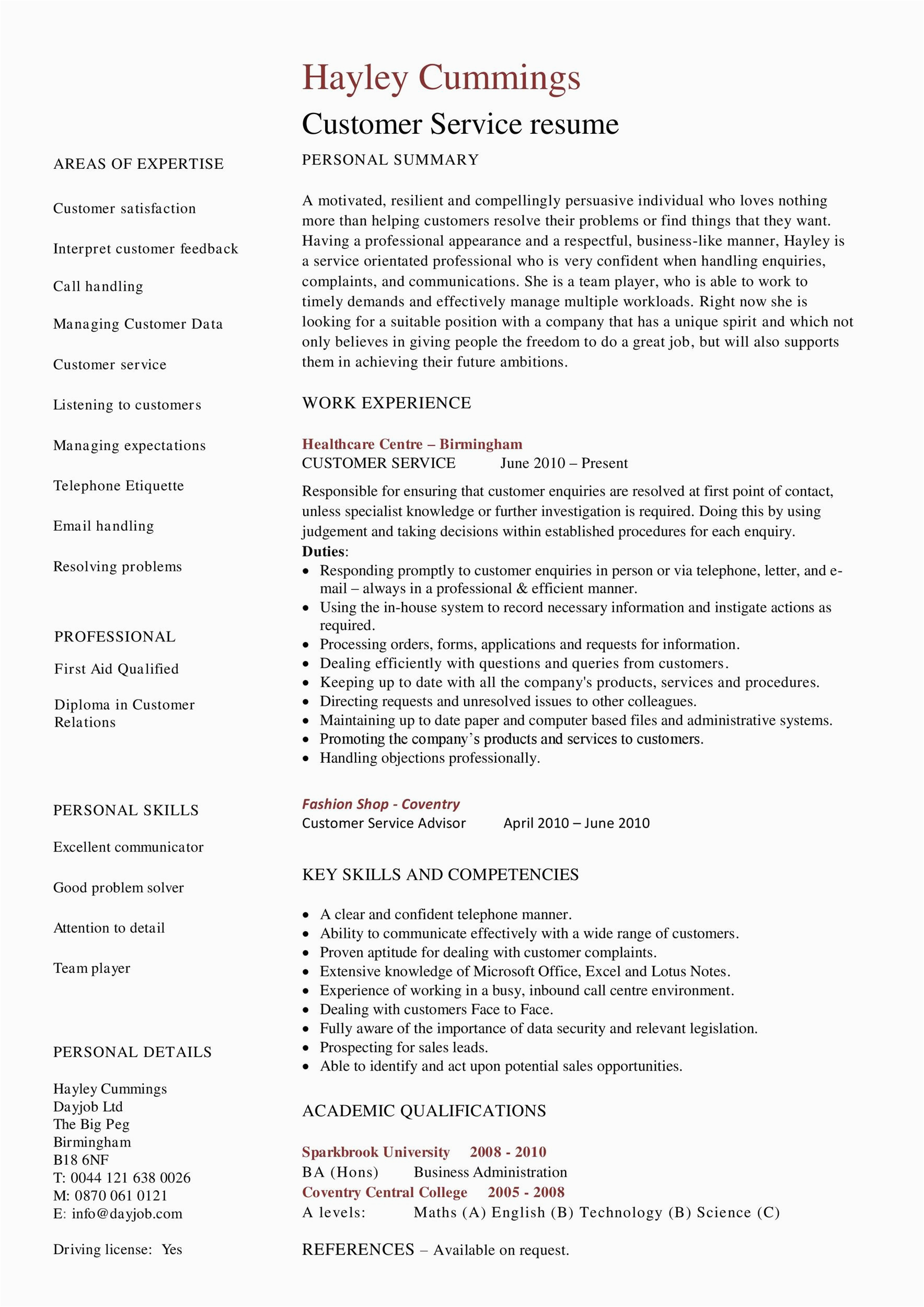 Free Resume Templates for Customer Service Jobs 30 Customer Service Resume Examples Templatelab