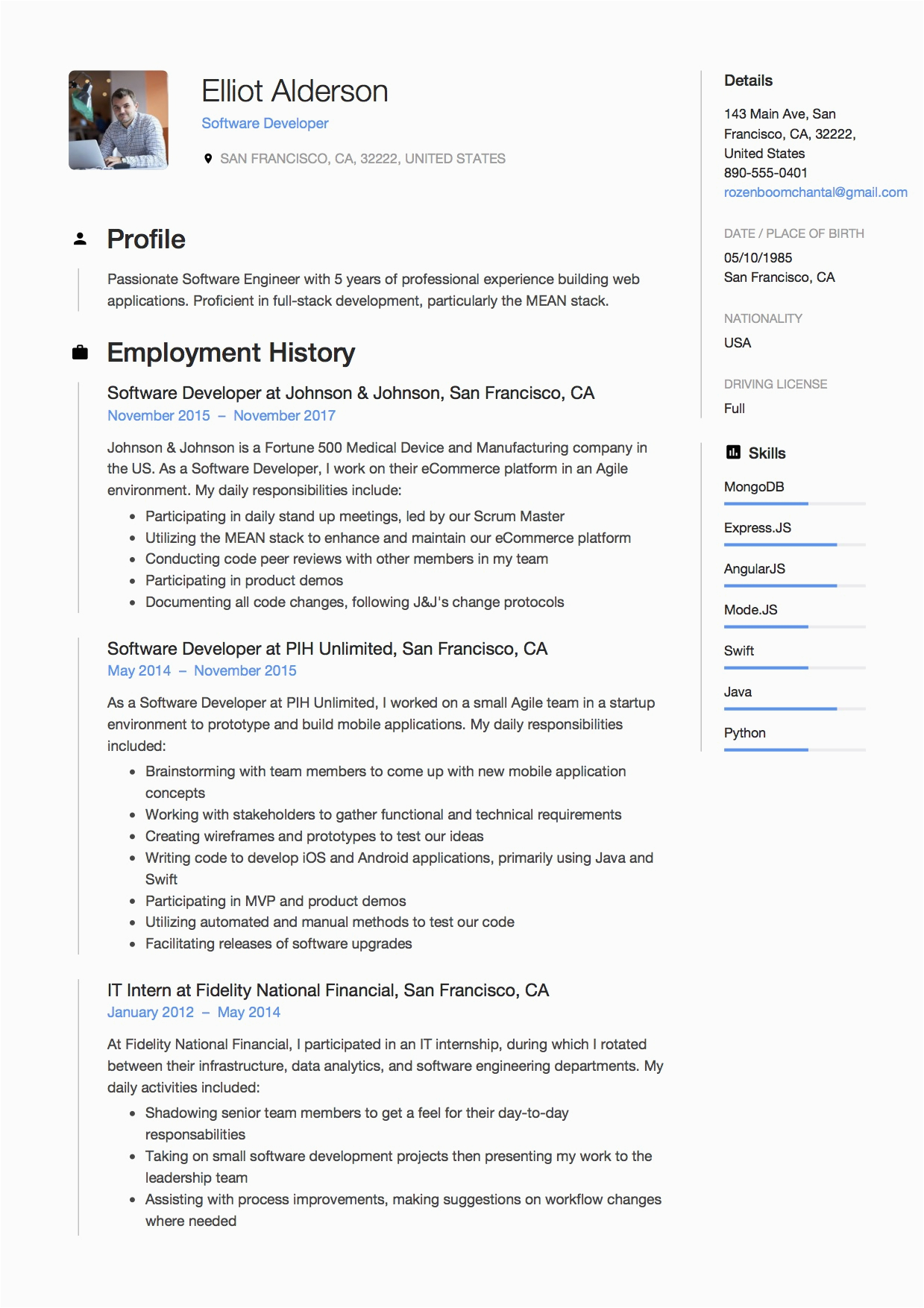 Free Resume Templates for software Developer Resume for It Developer