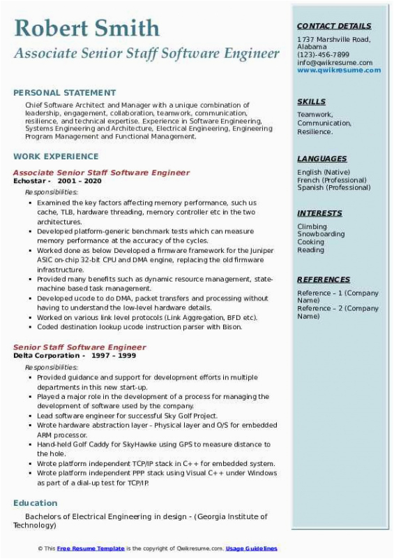 Free Resume Templates for software Engineer Free Senior software Engineer Resume Template Excel
