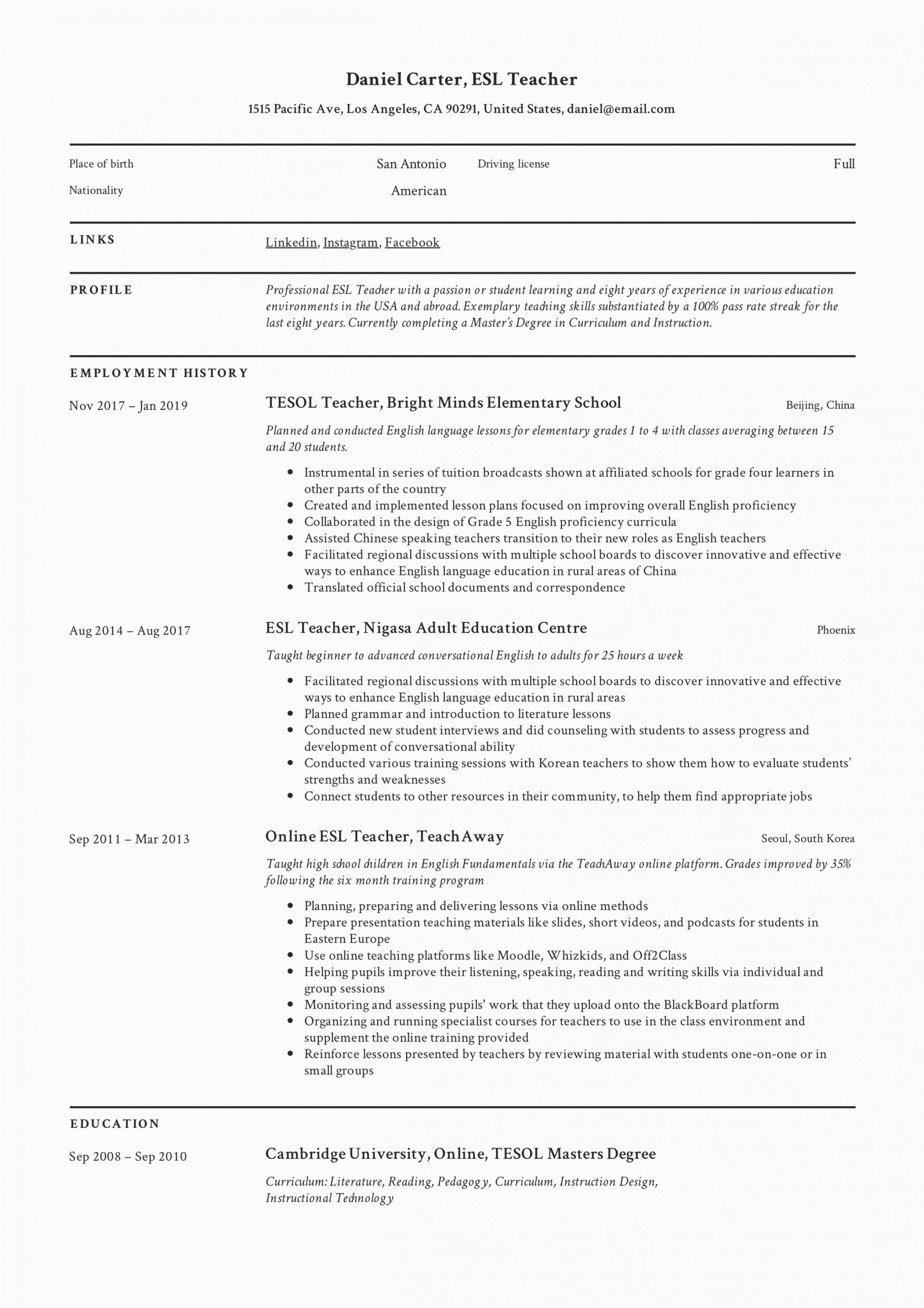 Free Resume Templates for Teaching Positions Esl Teacher Resume Template In 2020