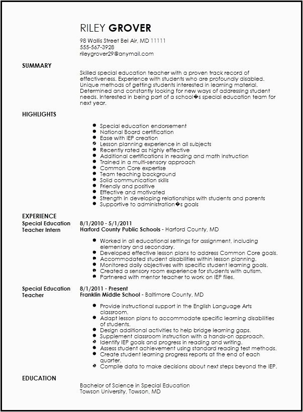 Free Resume Templates for Teaching Positions Free Professional Special Education Teacher Resume Template