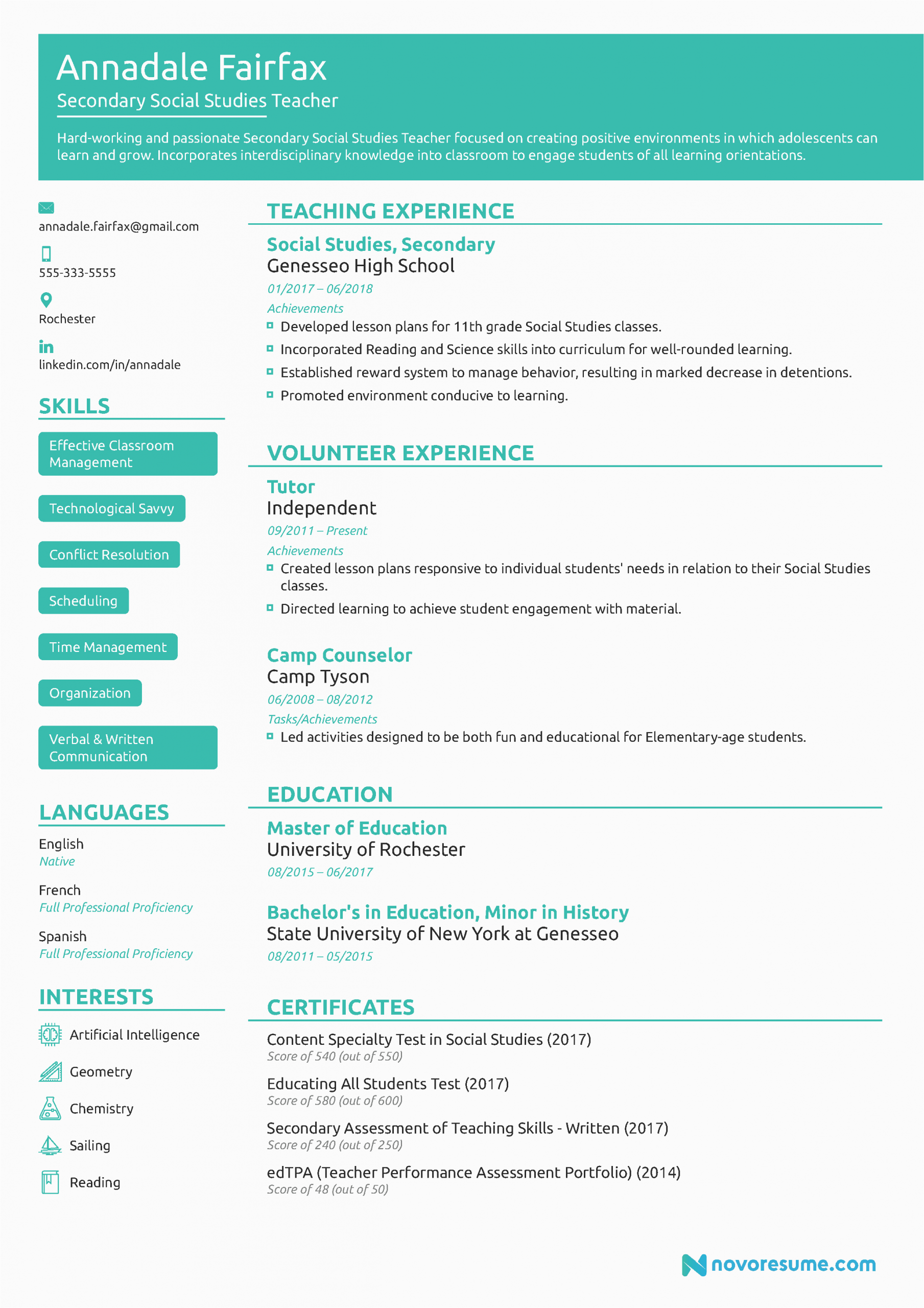 Free Resume Templates for Teaching Positions Teacher Resume Example [w Free Template]
