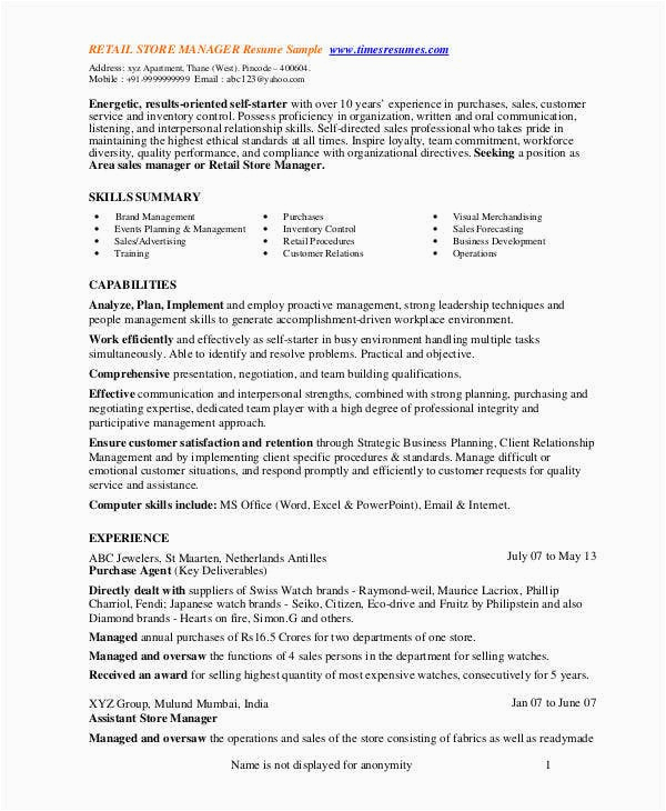 Free Sample Resume Retail Store Manager Store Manager Resume 9 Free Pdf Word Documents